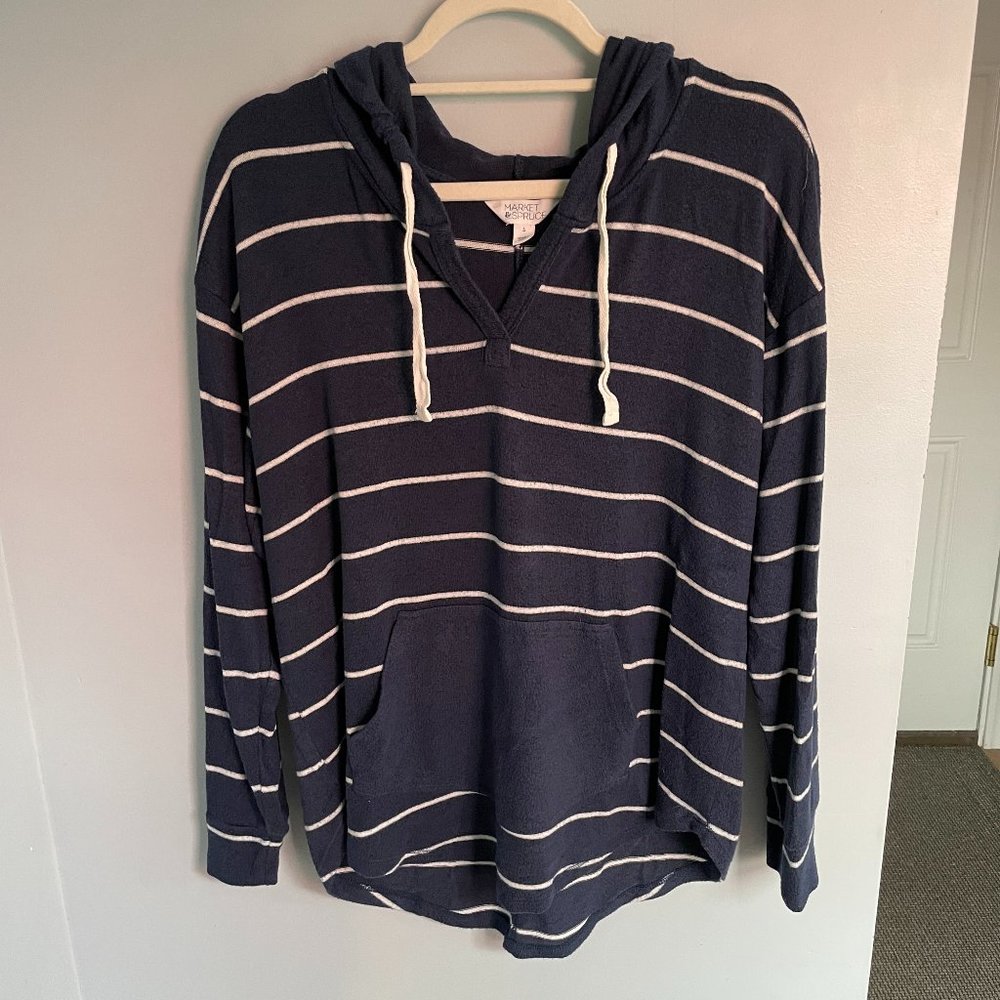 Market & Spruce Soft Lightweight Navy Stripe Hoodie Sweater Sweatshirt L